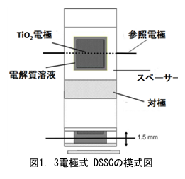 電気化学 の基礎:3電極式 DSSCの模式図 電気化学 の基礎:3電極式 DSSCの模式図